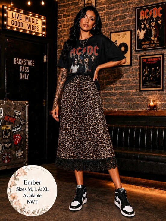 Ember Dresses & Skirts - Ember NWT Leopard Mesh Lace Trim Midi Skirt